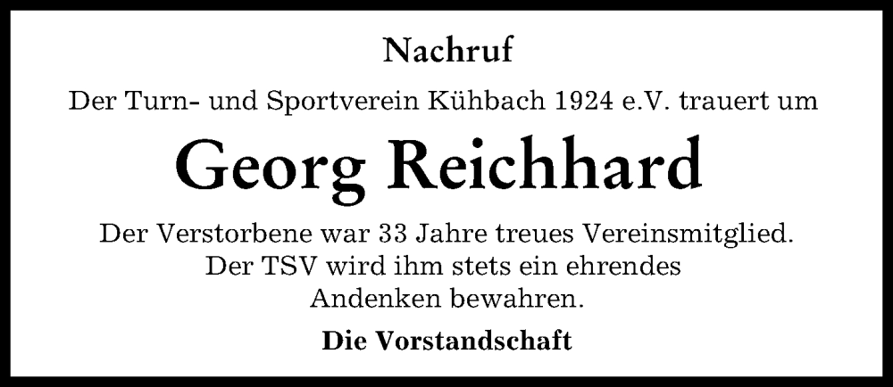  Traueranzeige für Georg Reichhard vom 24.01.2023 aus Aichacher Nachrichten