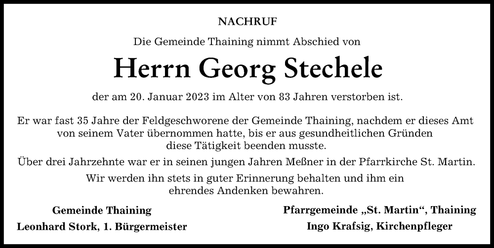  Traueranzeige für Georg Stechele vom 26.01.2023 aus Landsberger Tagblatt