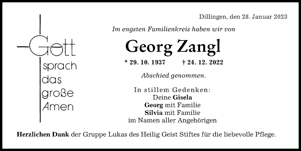  Traueranzeige für Georg Zangl vom 28.01.2023 aus Donau Zeitung