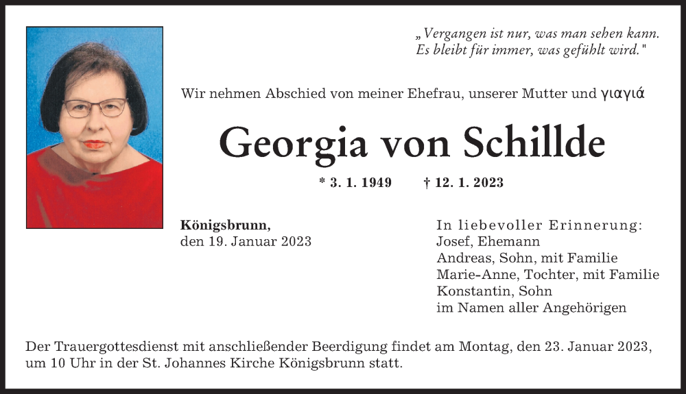  Traueranzeige für Georgia von Schillde vom 19.01.2023 aus Augsburger Allgemeine