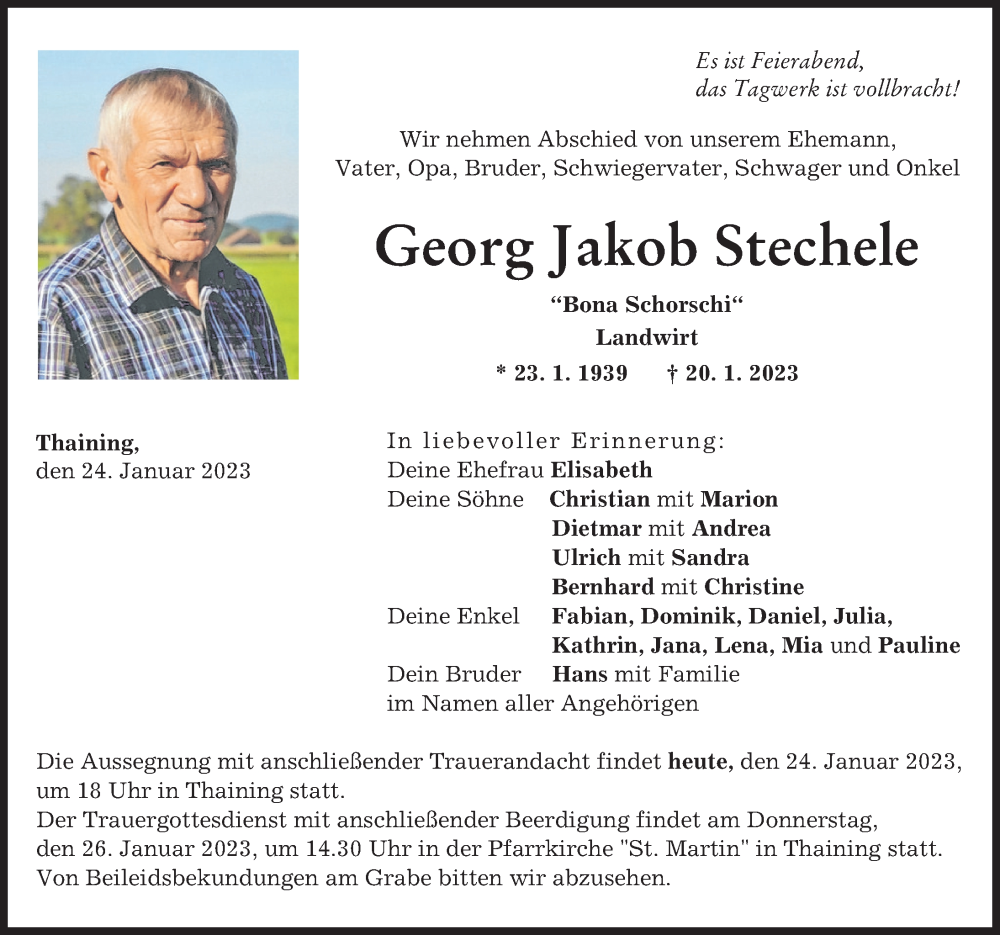  Traueranzeige für Georg Jakob Stechele vom 24.01.2023 aus Landsberger Tagblatt