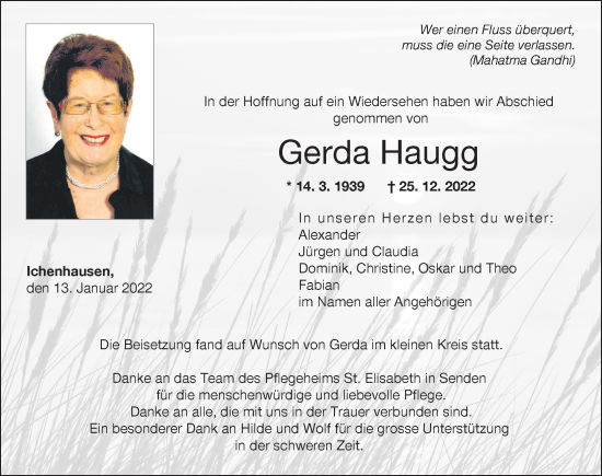Traueranzeige von Gerda Haugg von Günzburger Zeitung