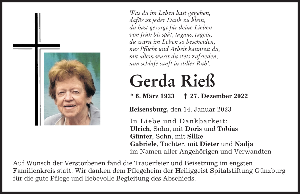 Traueranzeige von Gerda Rieß von Günzburger Zeitung