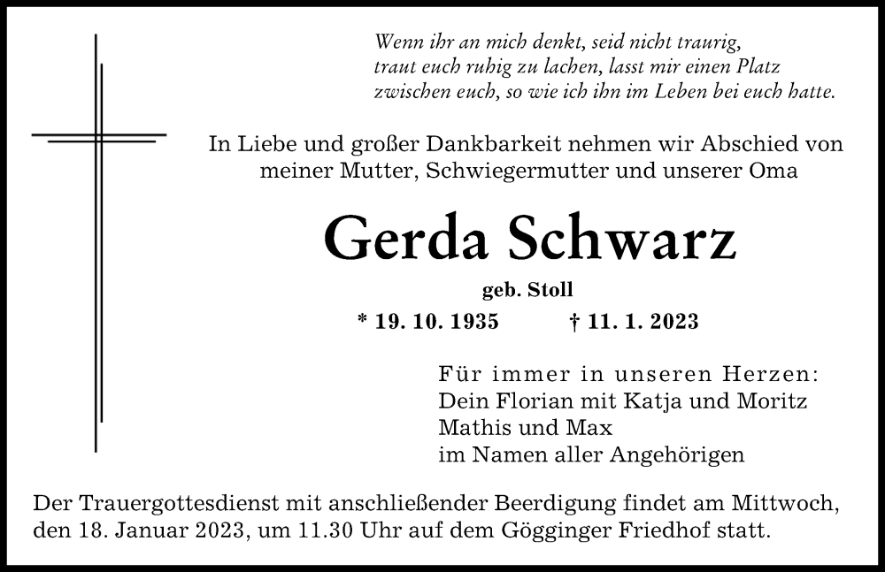 Traueranzeige von Gerda Schwarz von Augsburger Allgemeine