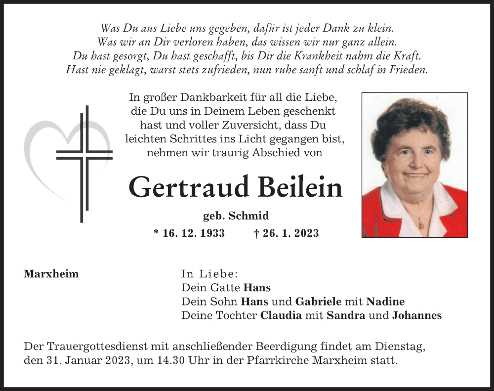  Traueranzeige für Gertraud Beilein vom 28.01.2023 aus Donauwörther Zeitung