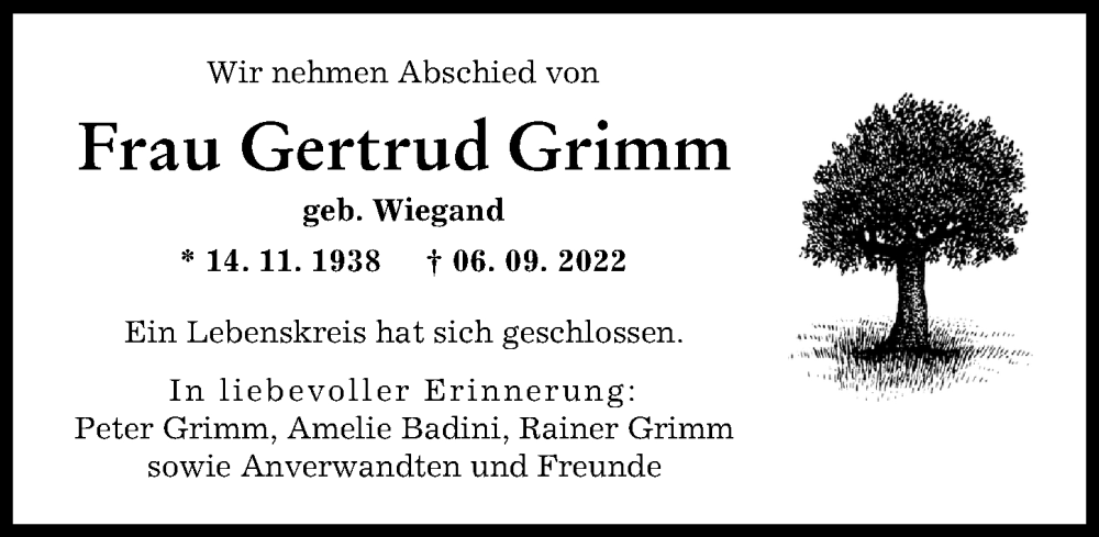 Traueranzeige von Gertrud Grimm von Günzburger Zeitung