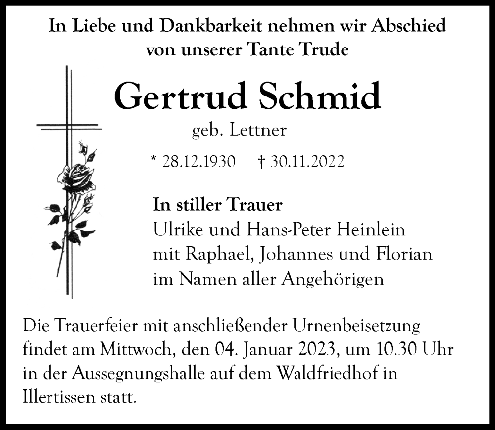Traueranzeigen Von Gertrud Schmid Augsburger Allgemeine Zeitung