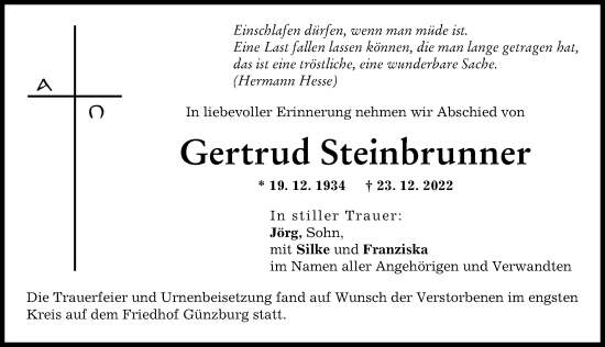 Traueranzeige von Gertrud Steinbrunner von Günzburger Zeitung