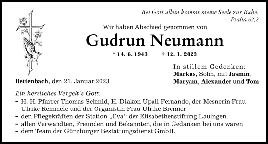 Traueranzeige von Gudrun Neumann von Günzburger Zeitung