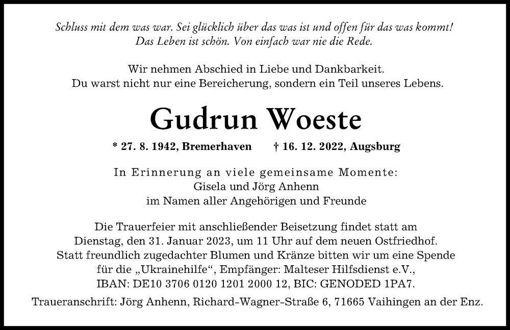  Traueranzeige für Gudrun Woeste vom 21.01.2023 aus Augsburger Allgemeine