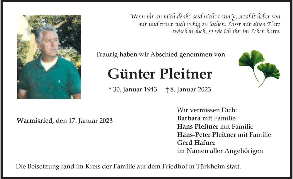  Traueranzeige für Günter Pleitner vom 17.01.2023 aus Mindelheimer Zeitung