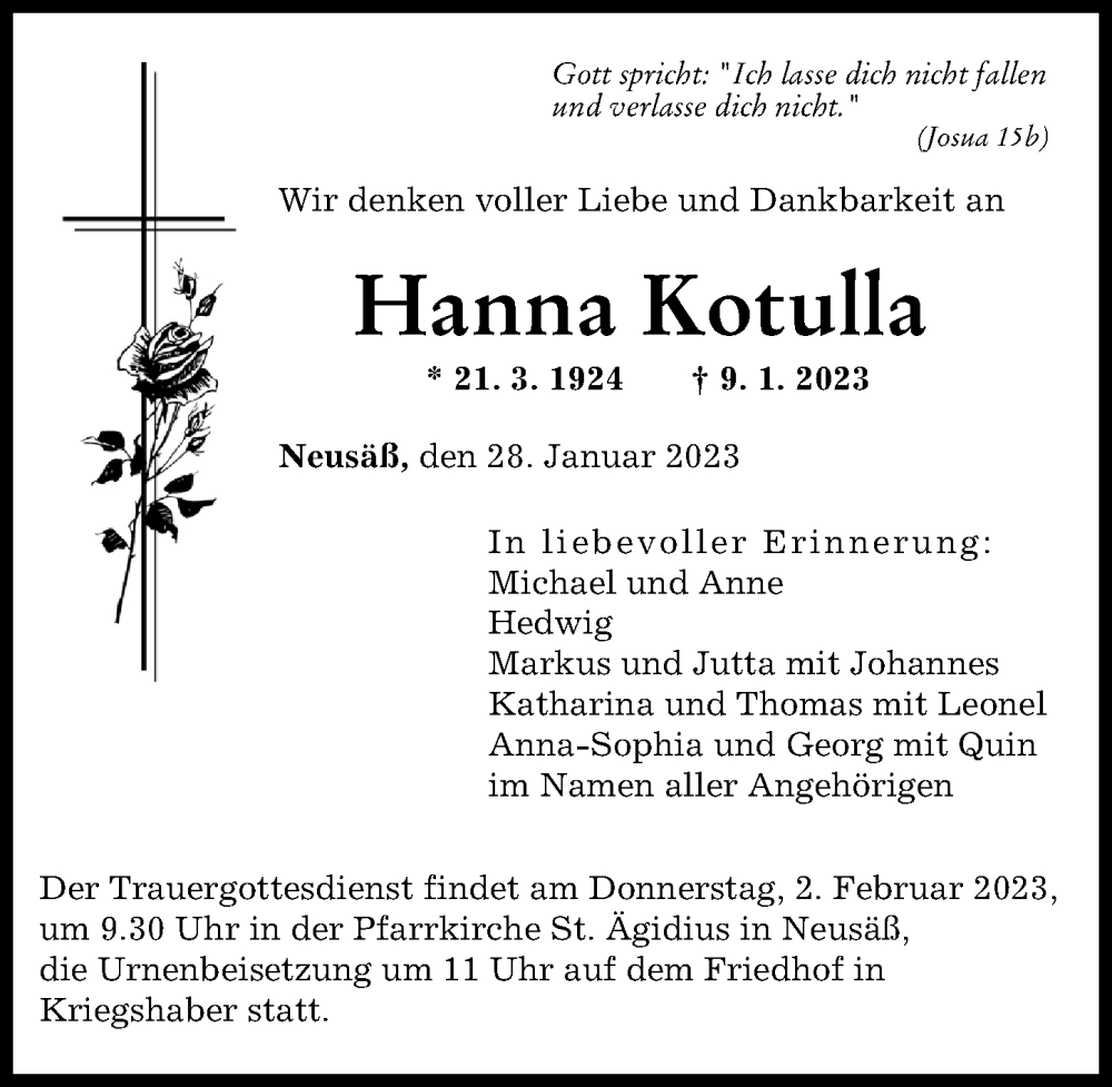  Traueranzeige für Hanna Kotulla vom 28.01.2023 aus Augsburger Allgemeine