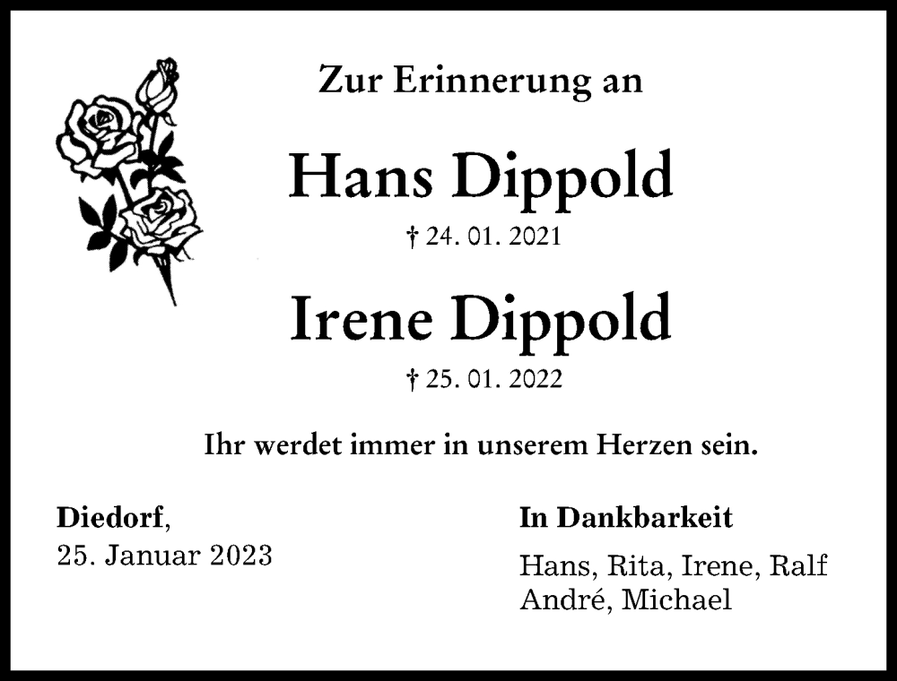 Traueranzeige für Hans Dippold vom 25.01.2023 aus Augsburger Allgemeine