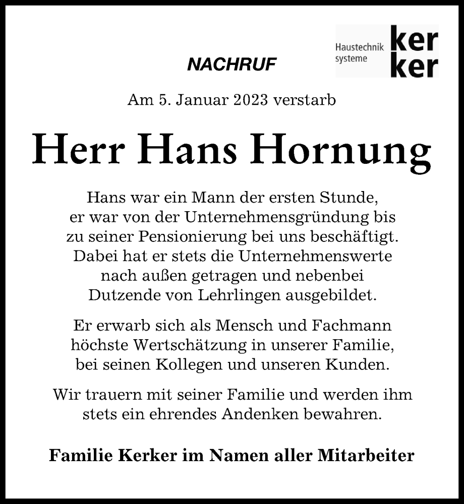 Traueranzeige von Hans Hornung von Schwabmünchner Allgemeine