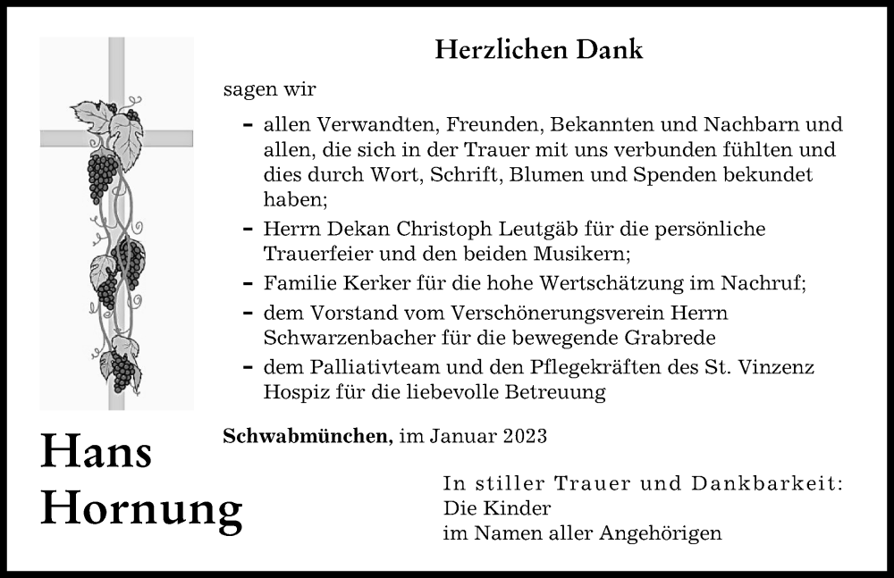 Traueranzeige von Hans Hornung von Schwabmünchner Allgemeine