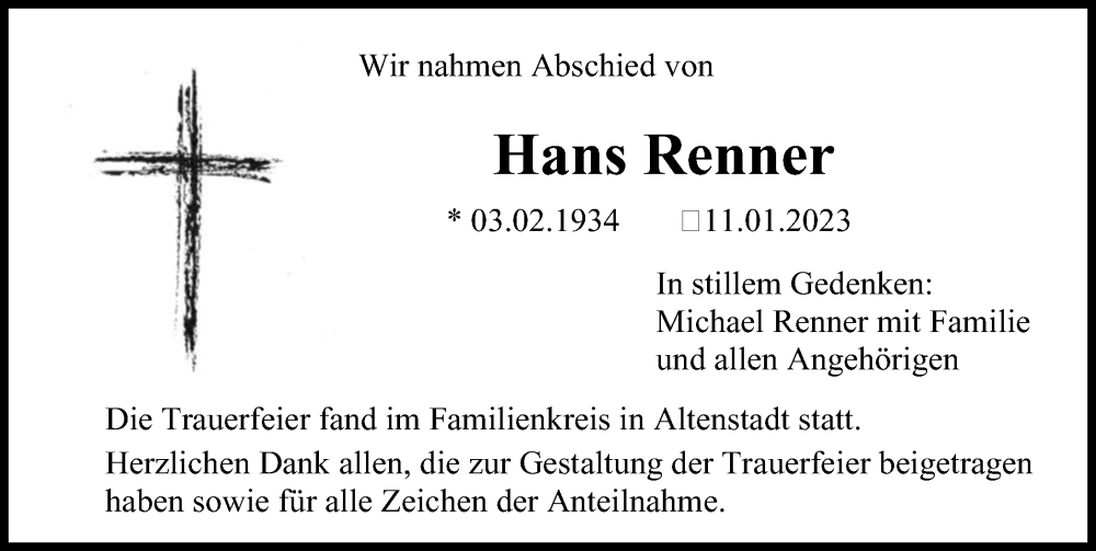  Traueranzeige für Hans Renner vom 26.01.2023 aus Illertisser Zeitung