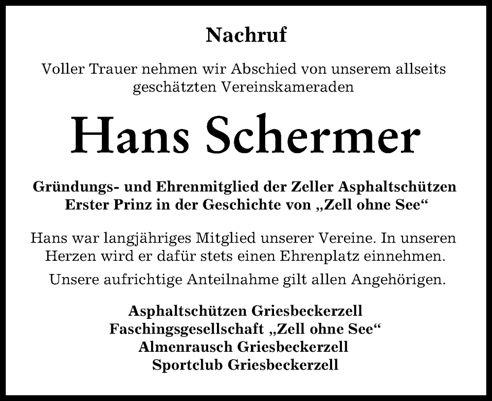  Traueranzeige für Hans Schermer vom 30.01.2023 aus Aichacher Nachrichten