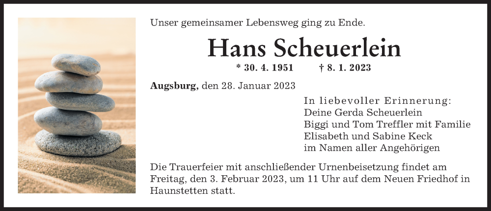  Traueranzeige für Hans Scheuerlein vom 28.01.2023 aus Augsburger Allgemeine