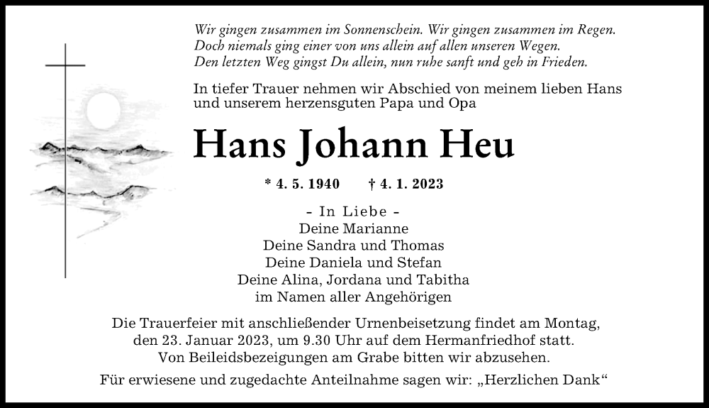 Traueranzeige von Hans Johann Heu von Augsburger Allgemeine