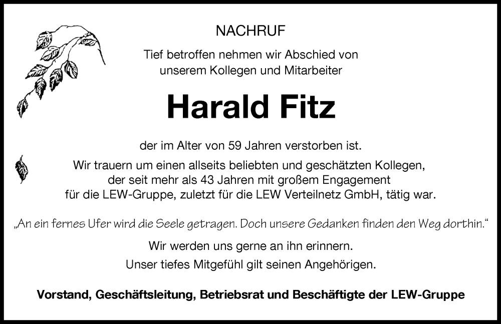 Traueranzeige von Harald Fitz von Augsburger Allgemeine