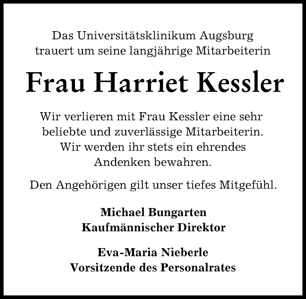 Traueranzeige von Harriet Kessler von Augsburger Allgemeine