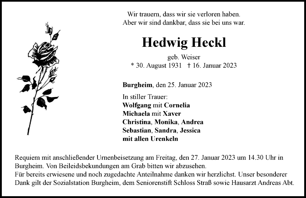  Traueranzeige für Hedwig Heckt vom 25.01.2023 aus Neuburger Rundschau