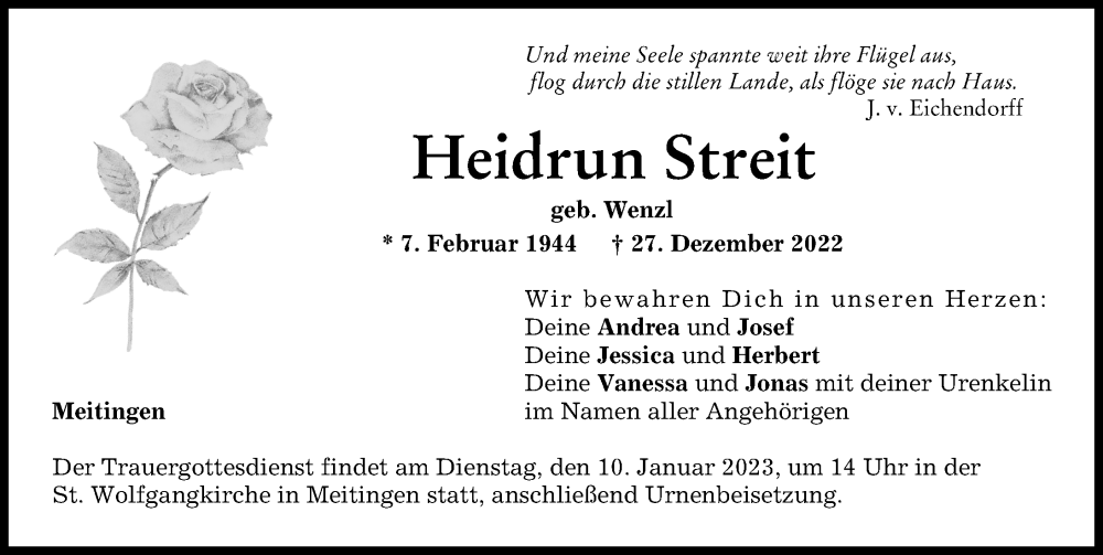  Traueranzeige für Heidrun Streit vom 05.01.2023 aus Augsburg-Land
