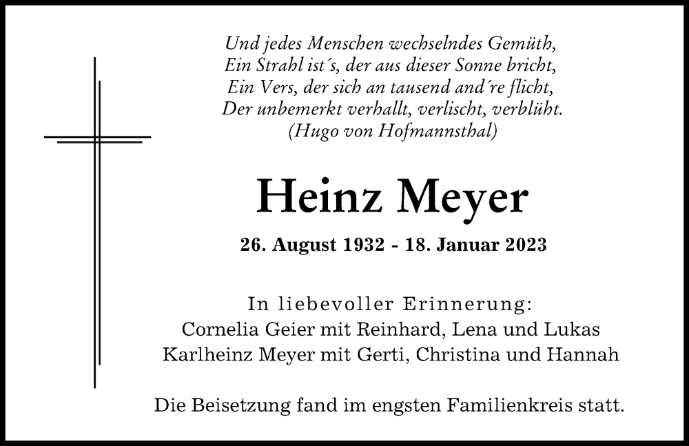  Traueranzeige für Heinz Meyer vom 28.01.2023 aus Augsburger Allgemeine