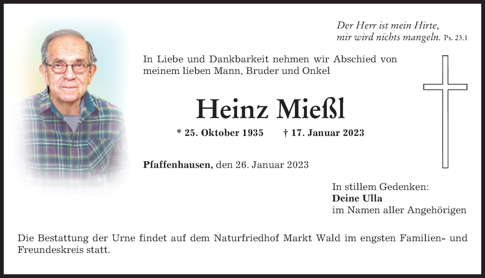  Traueranzeige für Heinz Mießl vom 26.01.2023 aus Mindelheimer Zeitung