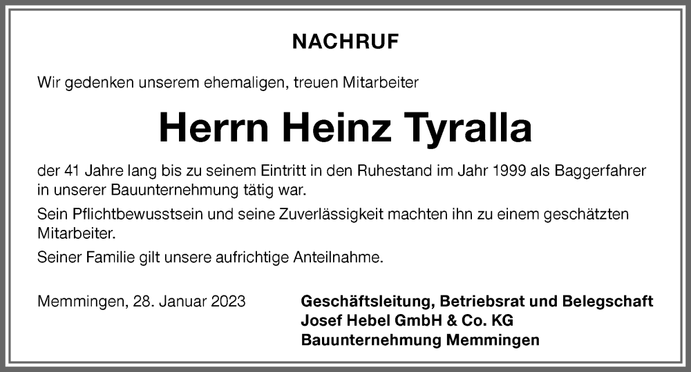 Traueranzeige von Heinz Tyralla von Mindelheimer Zeitung