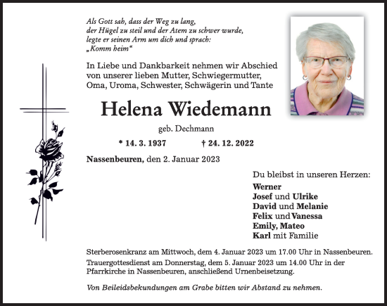 Traueranzeigen Von Helena Wiedemann Augsburger Allgemeine Zeitung