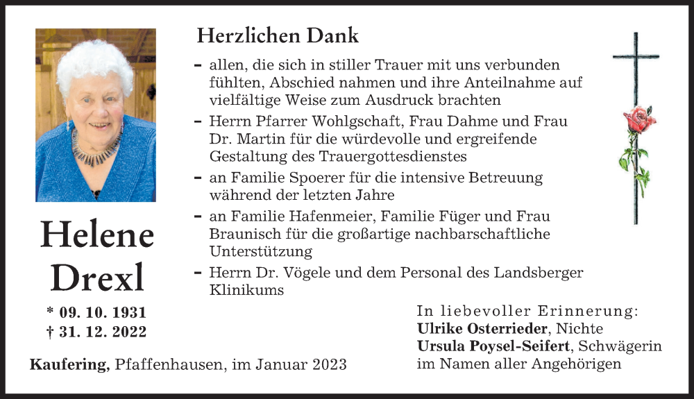  Traueranzeige für Helene Drexl vom 28.01.2023 aus Landsberger Tagblatt