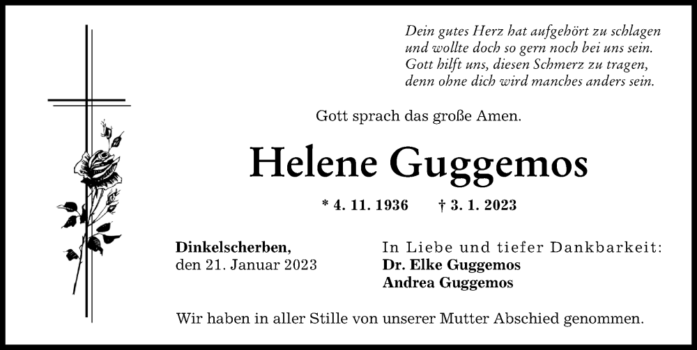 Traueranzeige von Helene Guggemos von Augsburger Allgemeine