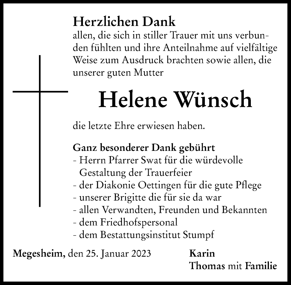  Traueranzeige für Helene Wünsch vom 25.01.2023 aus Rieser Nachrichten