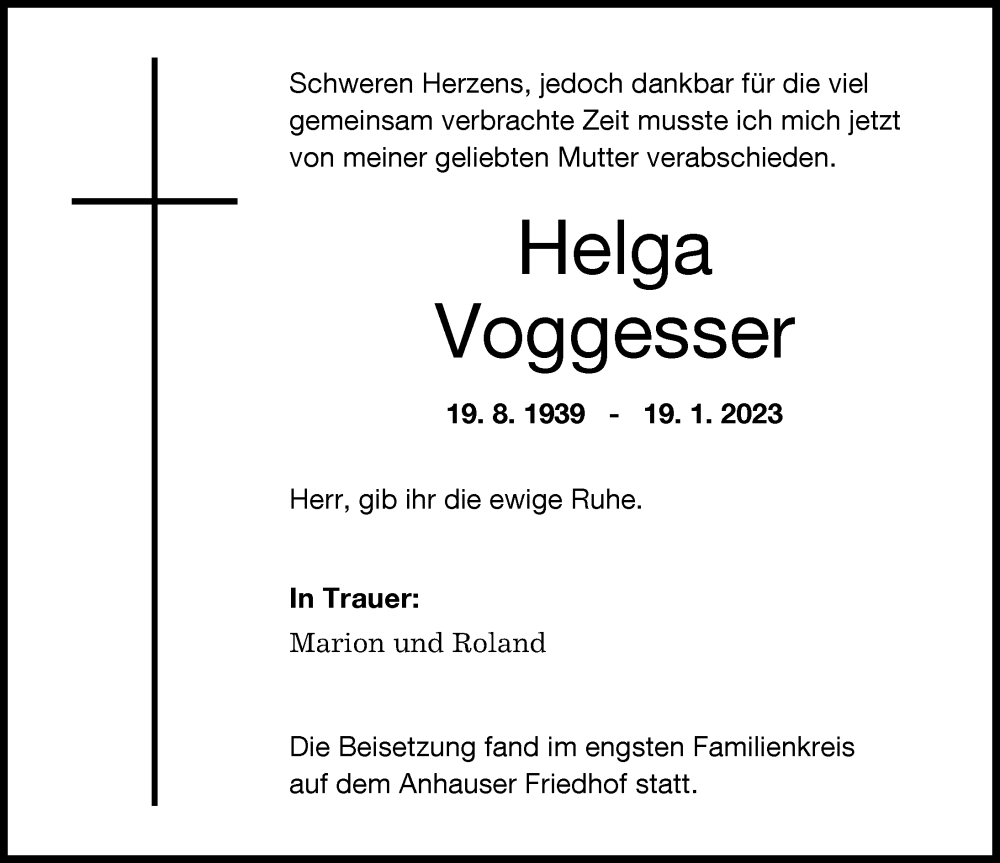  Traueranzeige für Helga Voggesser vom 28.01.2023 aus Augsburger Allgemeine