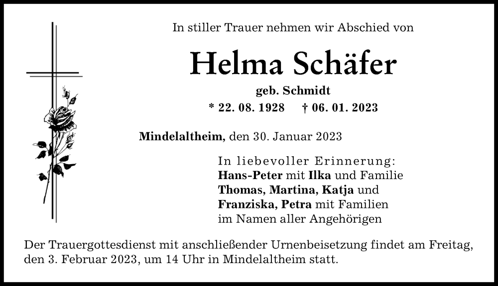  Traueranzeige für Helma Schäfer vom 30.01.2023 aus Günzburger Zeitung