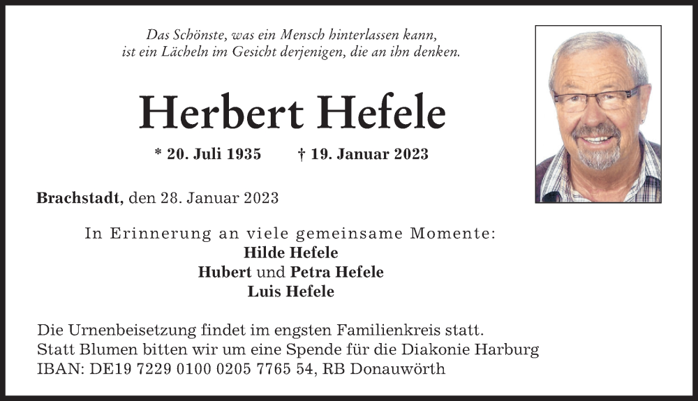  Traueranzeige für Herbert Hefele vom 28.01.2023 aus Donauwörther Zeitung