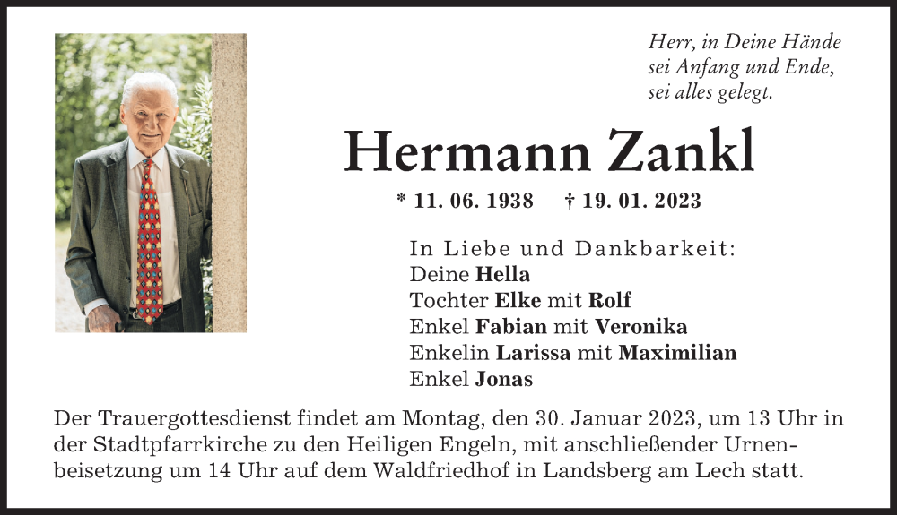  Traueranzeige für Hermann Zankl vom 26.01.2023 aus Landsberger Tagblatt