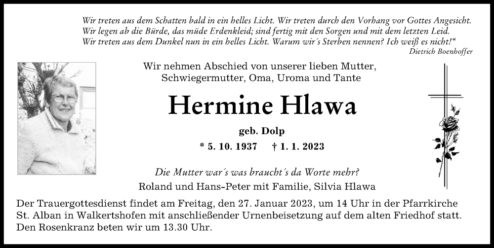 Traueranzeige von Hermine Hlawa von Schwabmünchner Allgemeine