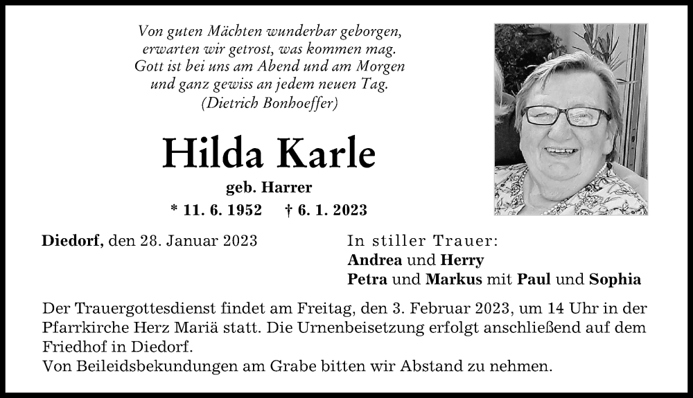 Traueranzeige von Hilda Karle von Augsburg-Land