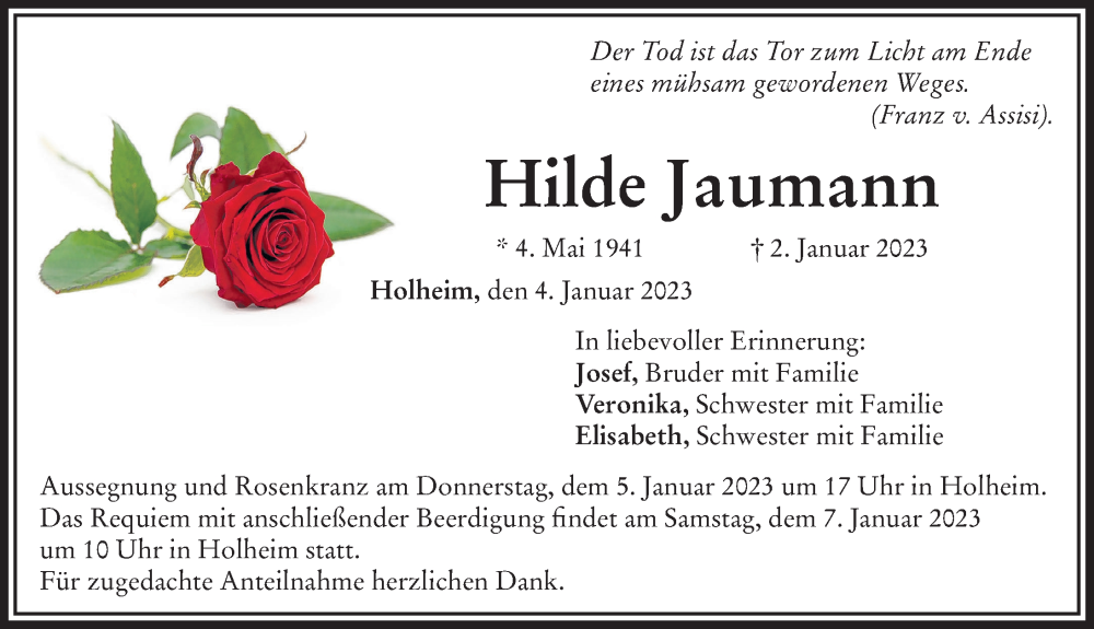  Traueranzeige für Hilde Jaumann vom 04.01.2023 aus Rieser Nachrichten