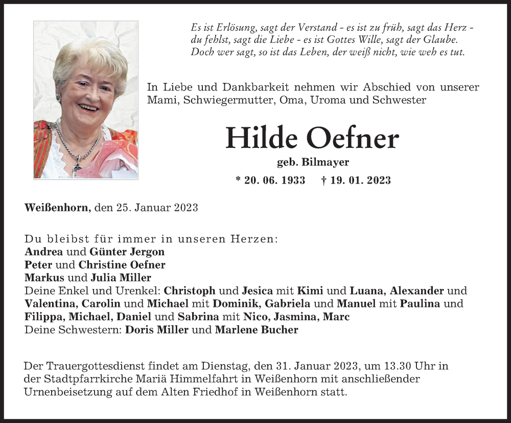 Traueranzeige von Hilde Oefner von Neu-Ulmer Zeitung