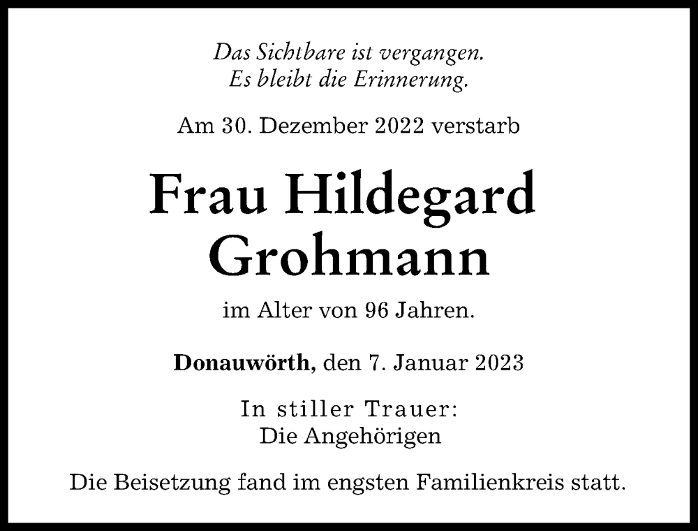 Traueranzeige von Hildegard Grohmann von Donauwörther Zeitung