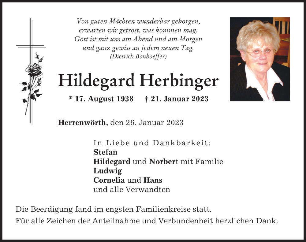  Traueranzeige für Hildegard Herbinger vom 26.01.2023 aus Neuburger Rundschau