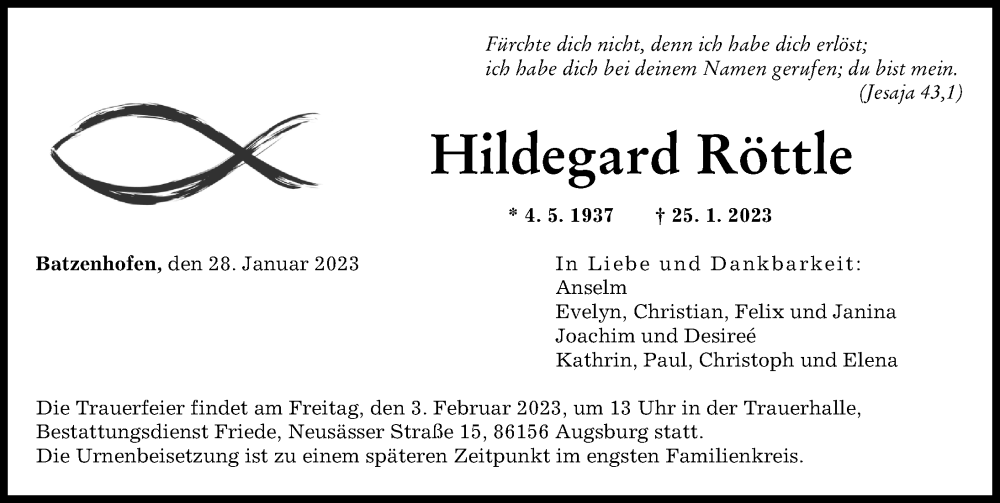  Traueranzeige für Hildegard Röttle vom 28.01.2023 aus Augsburger Allgemeine