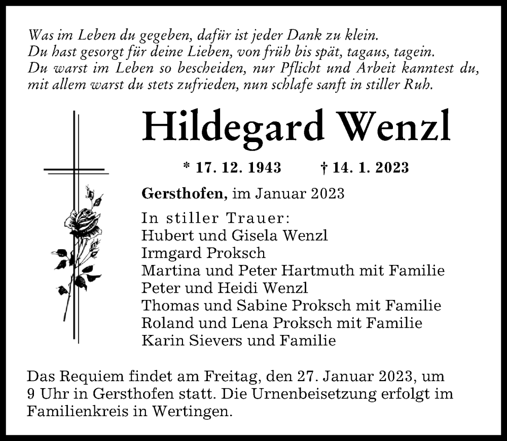  Traueranzeige für Hildegard Wenzl vom 24.01.2023 aus Augsburger Allgemeine