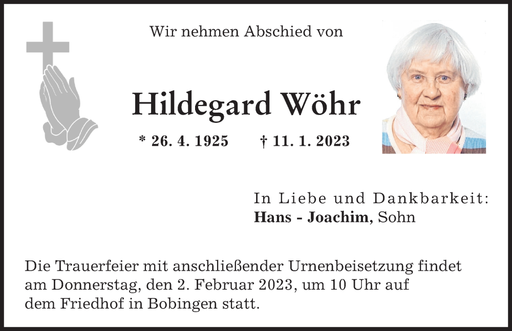  Traueranzeige für Hildegard Wöhr vom 28.01.2023 aus Schwabmünchner Allgemeine