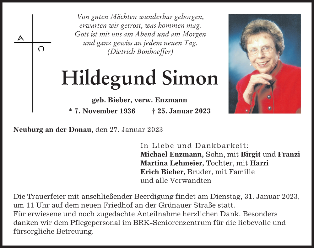  Traueranzeige für Hildegund Simon vom 27.01.2023 aus Neuburger Rundschau