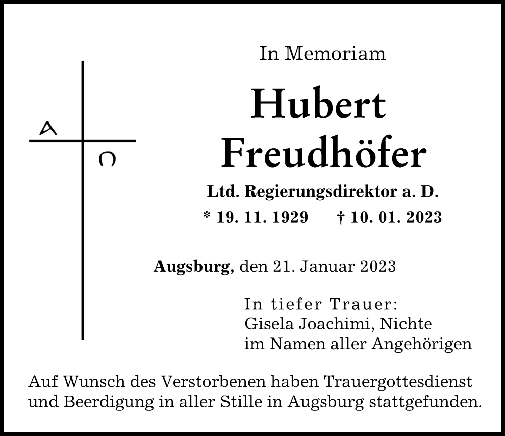  Traueranzeige für Hubert Freudhöfer vom 21.01.2023 aus Augsburger Allgemeine