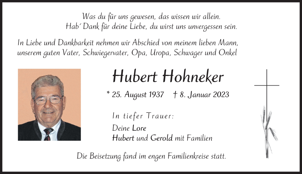  Traueranzeige für Hubert Hohneker vom 25.01.2023 aus Illertisser Zeitung